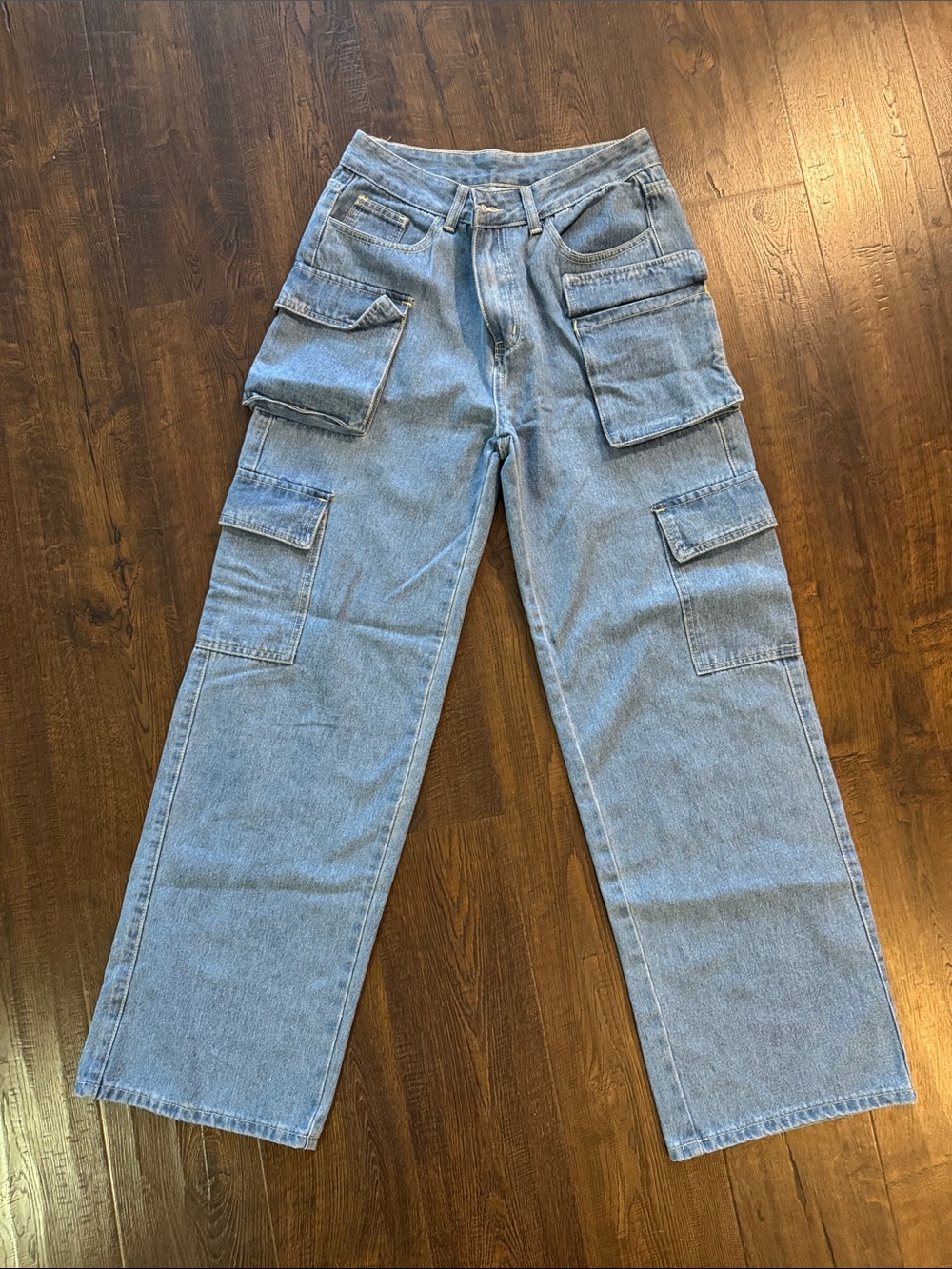 Light Blue Wide-Leg Cargo Denim Jeans